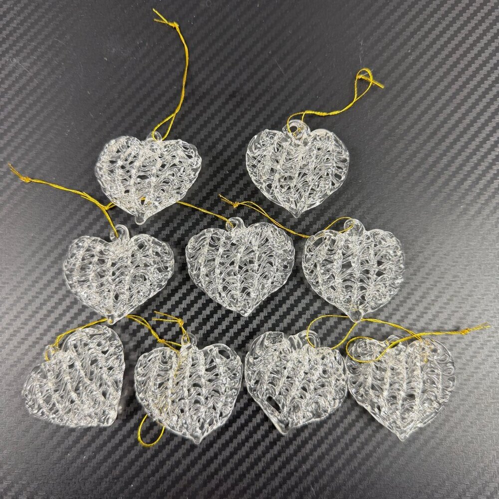 Set of 9 Spun Glass Heart Ornaments Handmade Hanging Decor Valentines Christmas